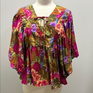 ODDI Autumn Blooms Garden Top Floral Bubble Sleeve Boho Hippie Boutique SZ M